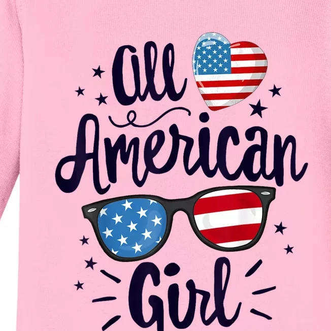 All American Girl Women American Flag 4th Of July Patriotic Baby Long Sleeve Bodysuit