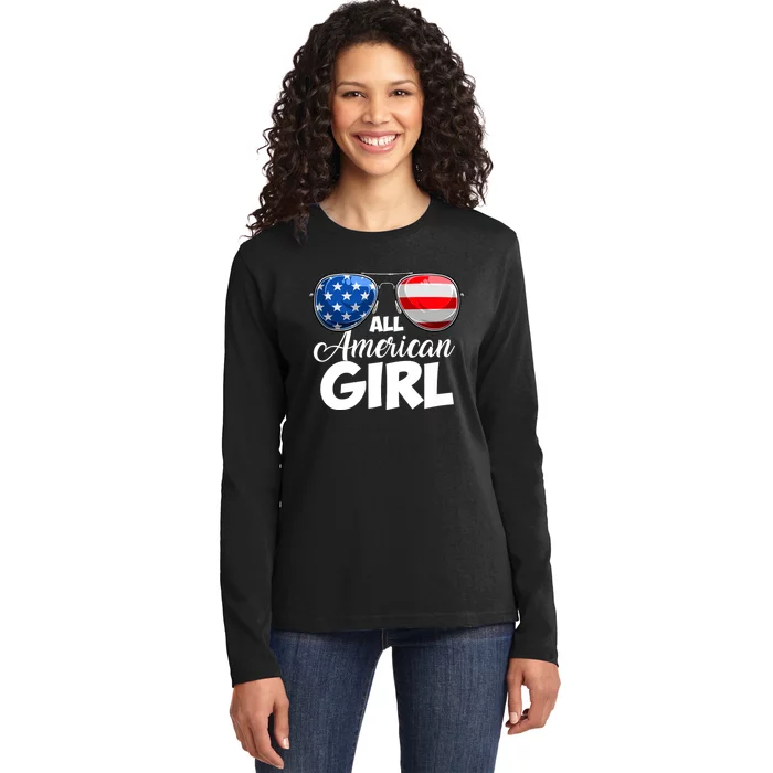 All American Girl Women American Flag 4th Of July Patriotic Ladies Long Sleeve Shirt