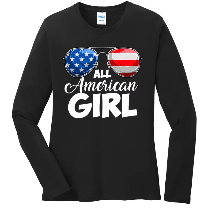 All American Girl Women American Flag 4th Of July Patriotic Ladies Long Sleeve Shirt