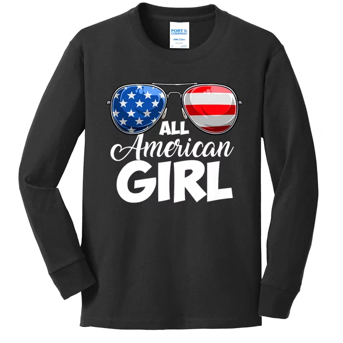 All American Girl Women American Flag 4th Of July Patriotic Kids Long Sleeve Shirt