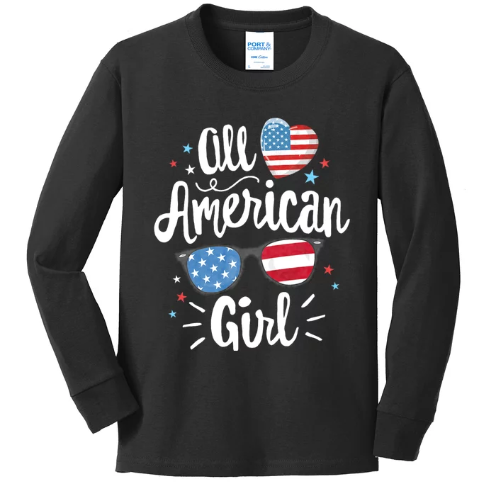 All American Girl Women American Flag 4th Of July Patriotic Kids Long Sleeve Shirt