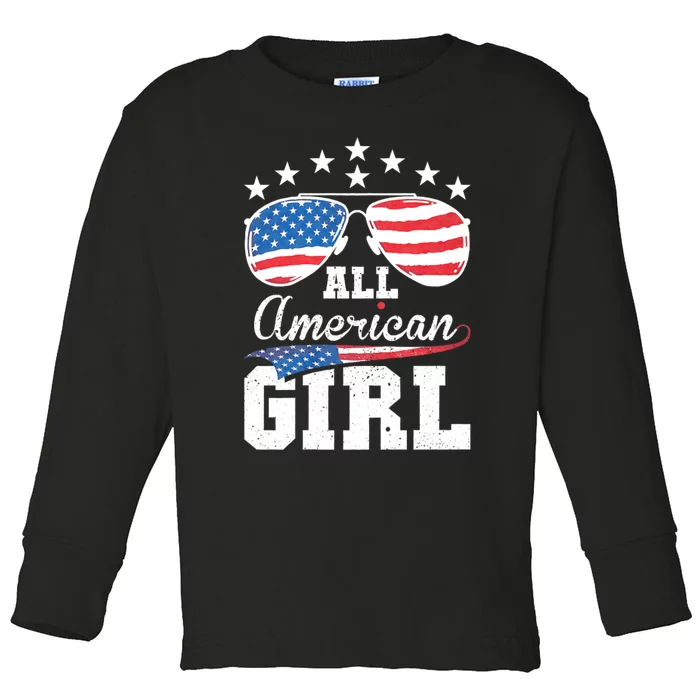 All American Girl Women American Flag 4th Of July Patriotic Toddler Long Sleeve Shirt