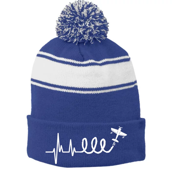 Aerobatic Airplane Heartbeat Ekg Funny Pilot Aviation Gift Stripe Pom Pom Beanie