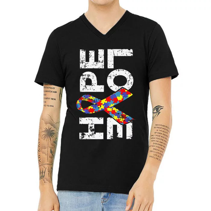 Autism Awareness Hope Love Puzzle Piece Ribbon V-Neck T-Shirt