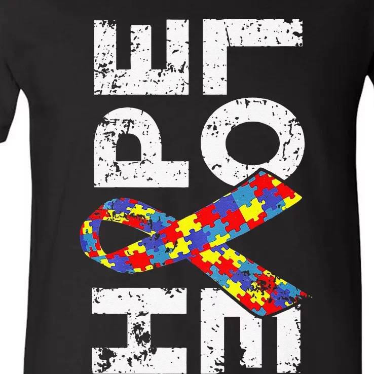 Autism Awareness Hope Love Puzzle Piece Ribbon V-Neck T-Shirt