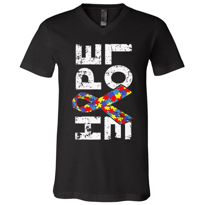 Autism Awareness Hope Love Puzzle Piece Ribbon V-Neck T-Shirt