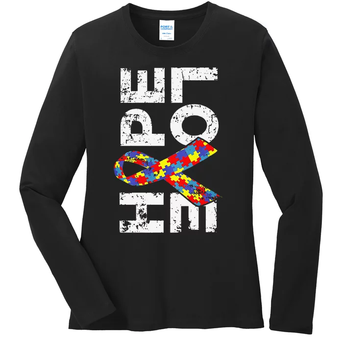 Autism Awareness Hope Love Puzzle Piece Ribbon Ladies Long Sleeve Shirt