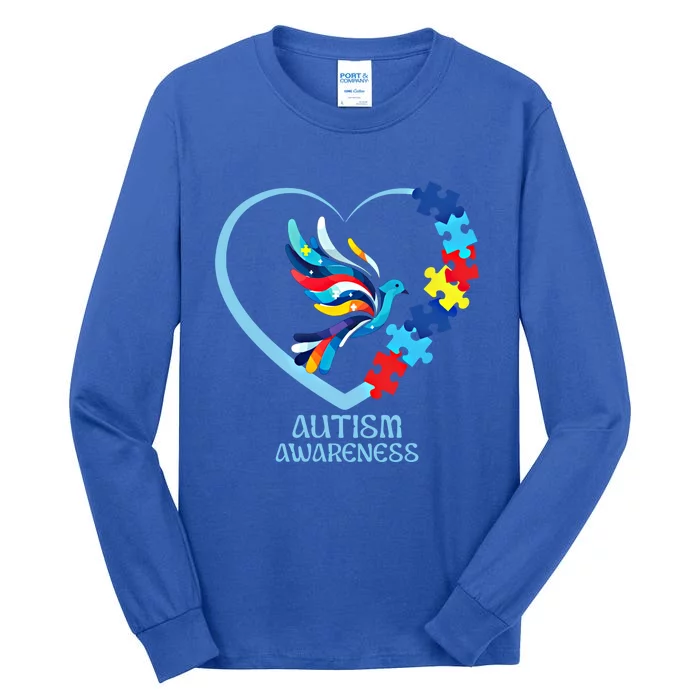 Autism Awareness: Heart Colorful Bird Puzzle Pieces Great Gift Tall Long Sleeve T-Shirt