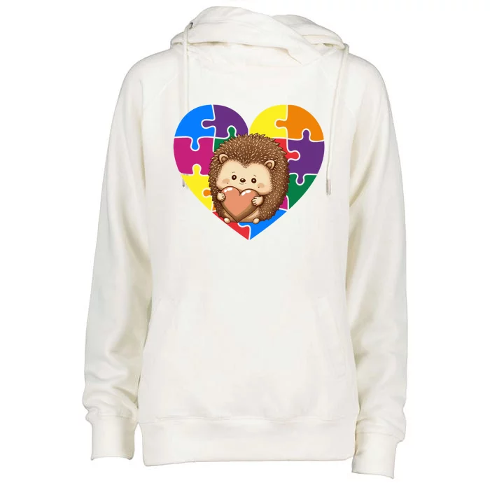 Autism Awareness Hedgehog Heart Valentine's Day Puzzle Piece Cute Gift Womens Funnel Neck Pullover Hood