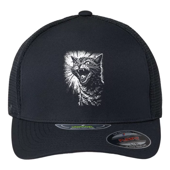 Angry Aggressive Hissing Cat Ready To Attack Flexfit Unipanel Trucker Cap