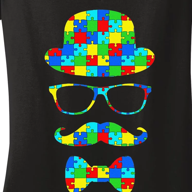 Autism Awareness Hipster Puzzle Pieces Glasses Women's V-Neck T-Shirt