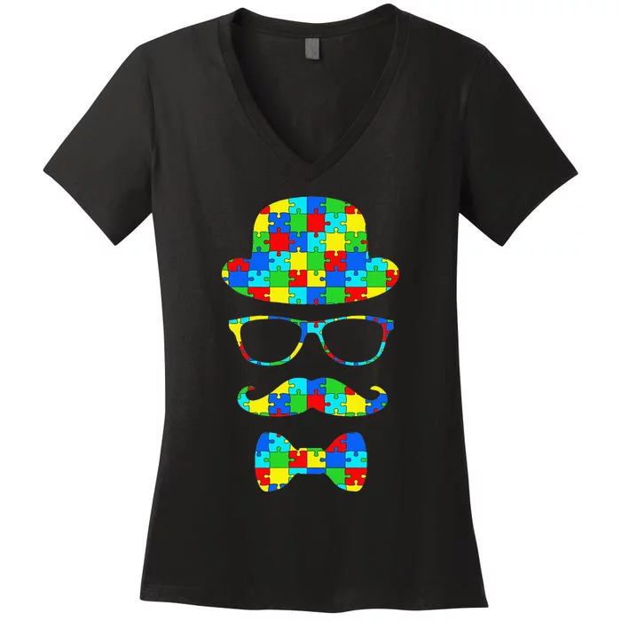 Autism Awareness Hipster Puzzle Pieces Glasses Women's V-Neck T-Shirt