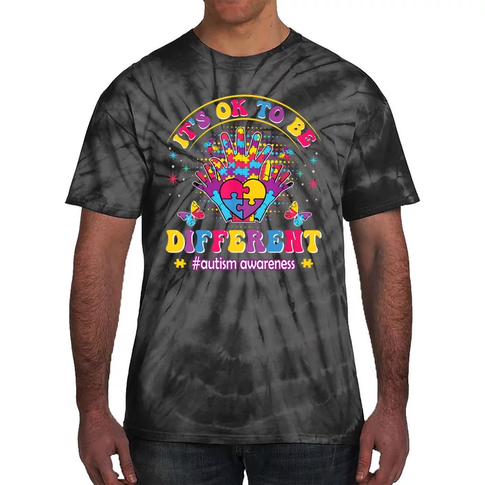 Autism Awareness Heart and Butterfly It's Ok To Be Different Tie-Dye T-Shirt