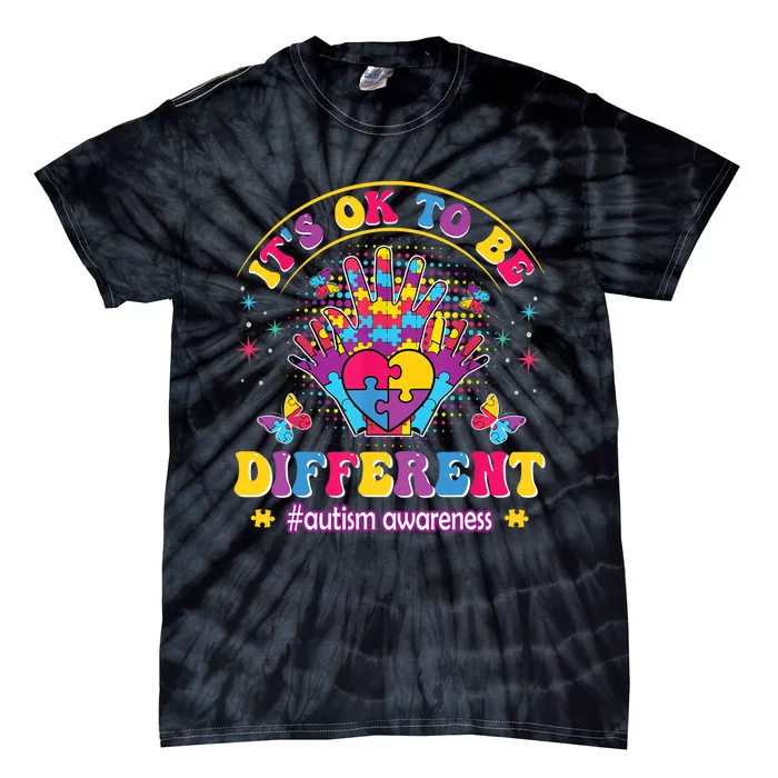 Autism Awareness Heart and Butterfly It's Ok To Be Different Tie-Dye T-Shirt