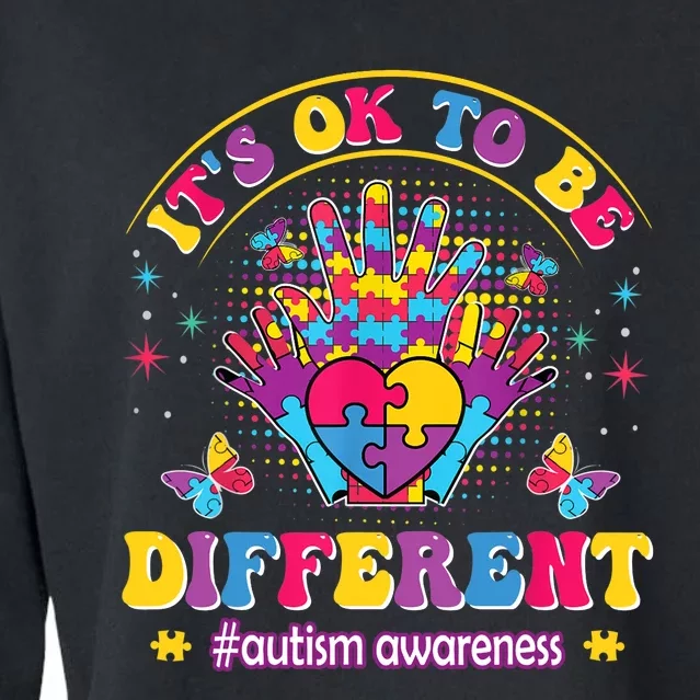 Autism Awareness Heart and Butterfly It's Ok To Be Different Cropped Pullover Crew