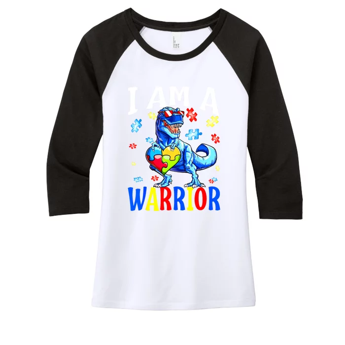 Autism Awareness I Am A Warrior Autism Family Dinosaur Gift Women's Tri-Blend 3/4-Sleeve Raglan Shirt