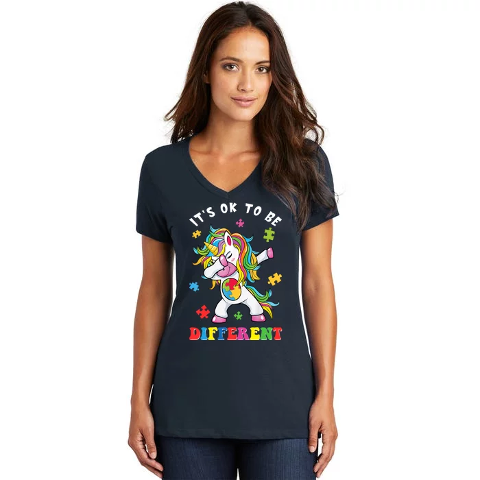 Autism Awareness ItS Ok To Be Different Unicorn Puzzle Women's V-Neck T-Shirt