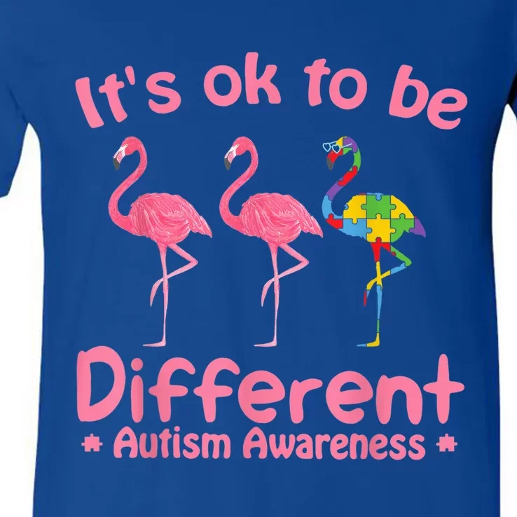 Autism Awareness Its Ok To Be Different Flamigo Wo girl V-Neck T-Shirt