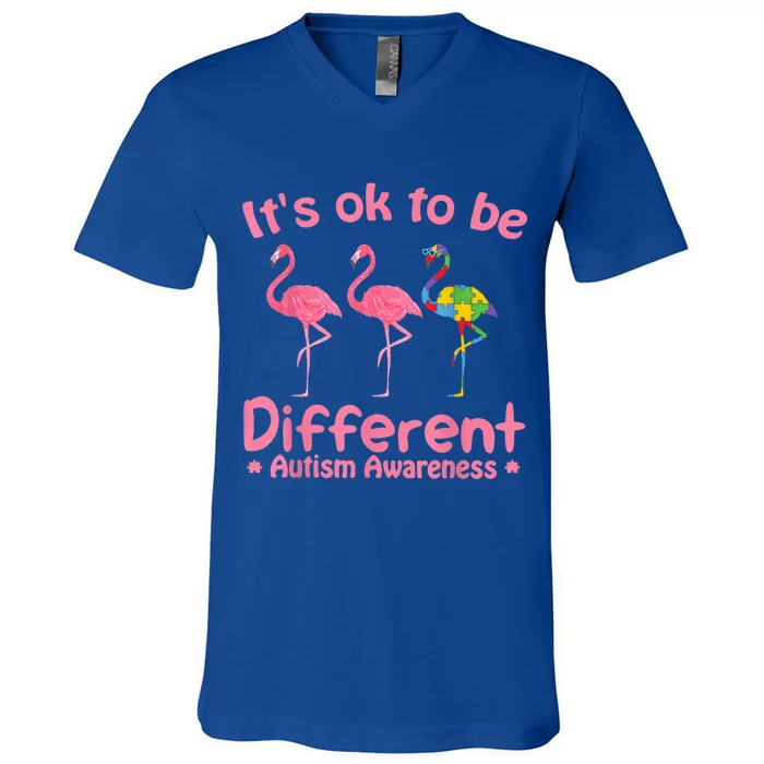 Autism Awareness Its Ok To Be Different Flamigo Wo girl V-Neck T-Shirt