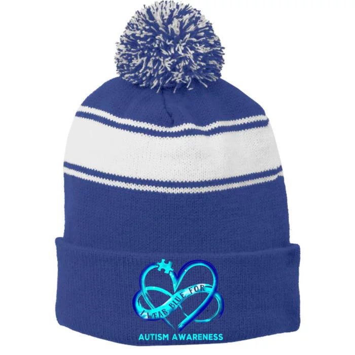 Autism Awareness - I Wear Blue For Autism Awareness Gifts Stripe Pom Pom Beanie