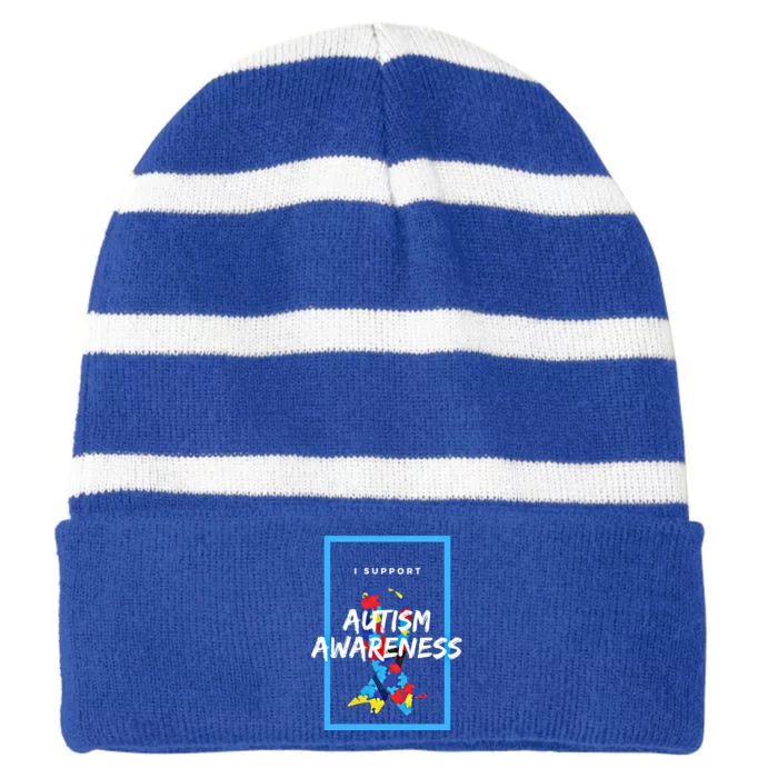 Autism Awareness I Support Autism Awareness Choose Kind Great Gift Striped Beanie with Solid Band