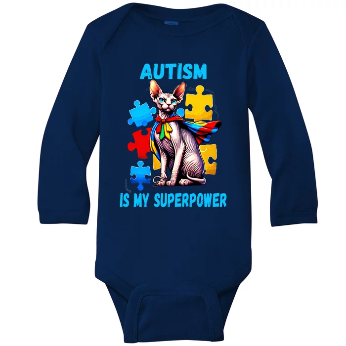 Autism Awareness Is My Superpower Cat Meaningful Gift Baby Long Sleeve Bodysuit