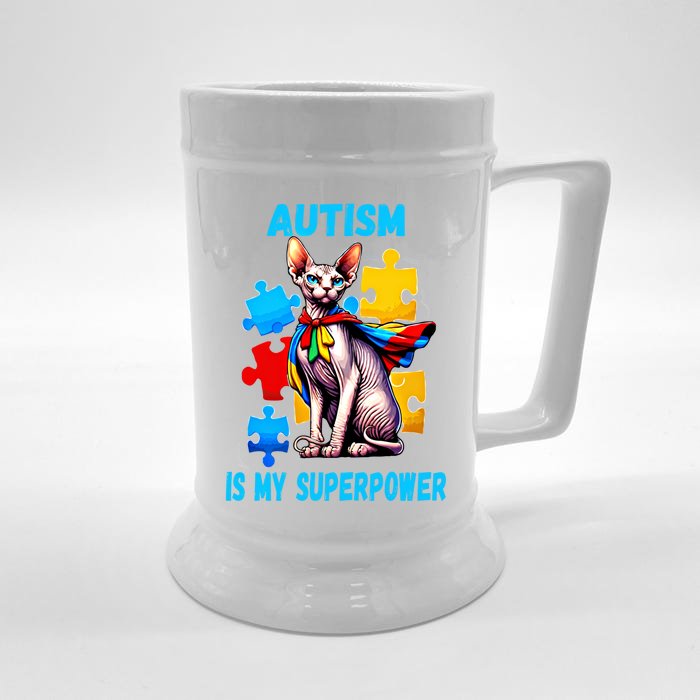 Autism Awareness Is My Superpower Cat Meaningful Gift Front & Back Beer Stein