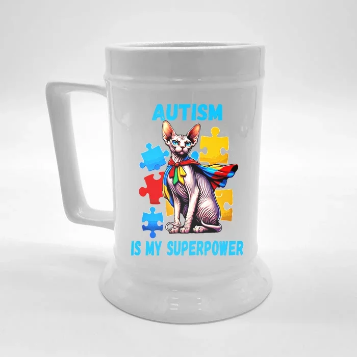 Autism Awareness Is My Superpower Cat Meaningful Gift Front & Back Beer Stein