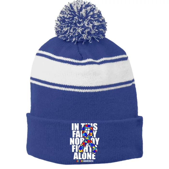 Autism Awareness In This Family Nobody Fights Alone Ribbon Stripe Pom Pom Beanie