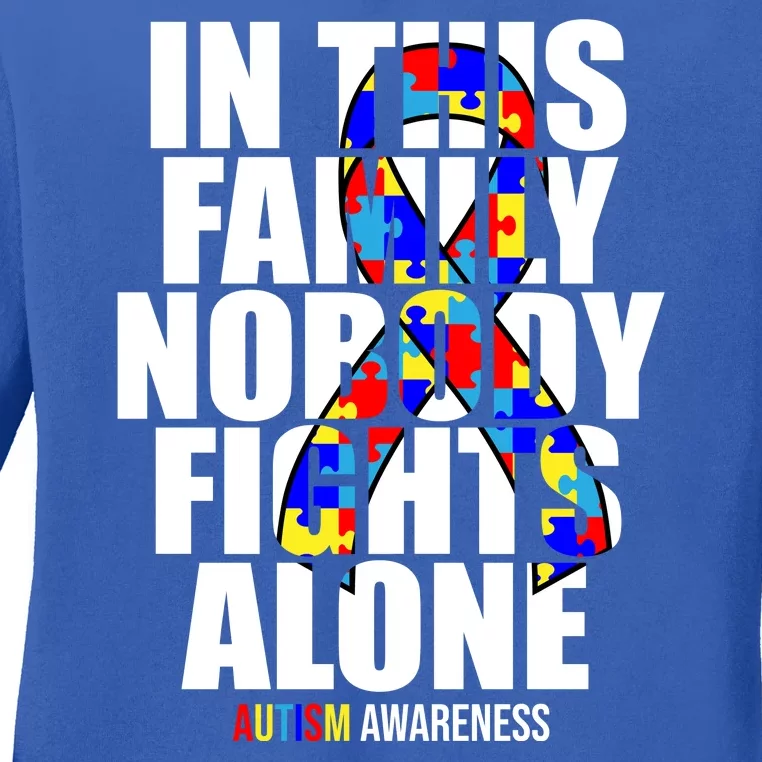 Autism Awareness In This Family Nobody Fights Alone Ribbon Ladies Long Sleeve Shirt