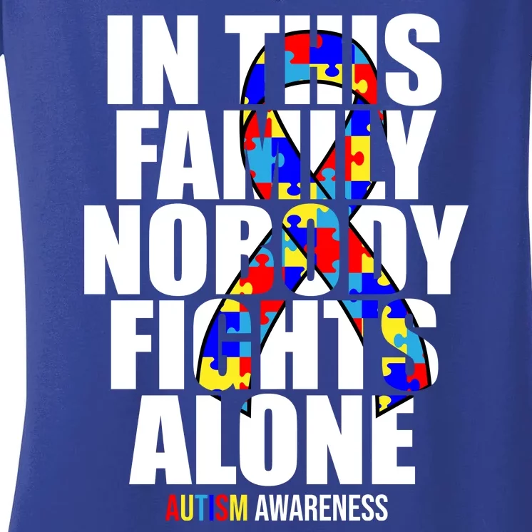 Autism Awareness In This Family Nobody Fights Alone Ribbon Women's V-Neck T-Shirt