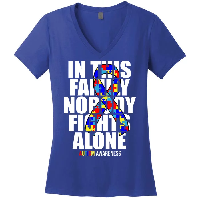 Autism Awareness In This Family Nobody Fights Alone Ribbon Women's V-Neck T-Shirt