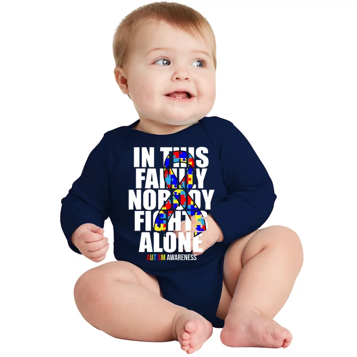 Autism Awareness In This Family Nobody Fights Alone Ribbon Baby Long Sleeve Bodysuit