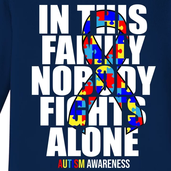 Autism Awareness In This Family Nobody Fights Alone Ribbon Baby Long Sleeve Bodysuit