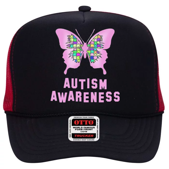 Autism Awareness Jigsaw Pink Butterfly High Crown Mesh Trucker Hat