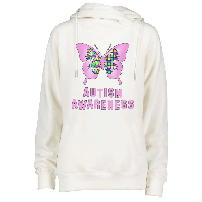 Autism Awareness Jigsaw Pink Butterfly Womens Funnel Neck Pullover Hood