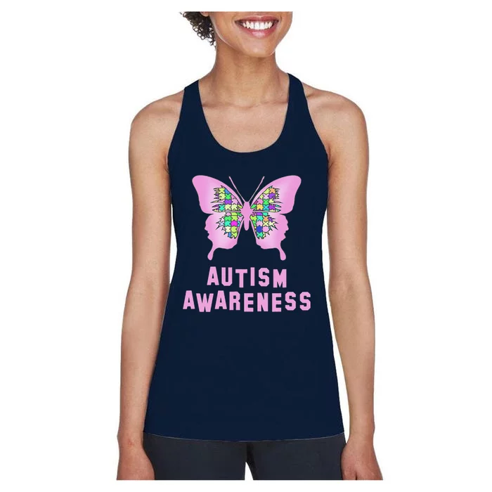 Autism Awareness Jigsaw Pink Butterfly Women's Racerback Tank