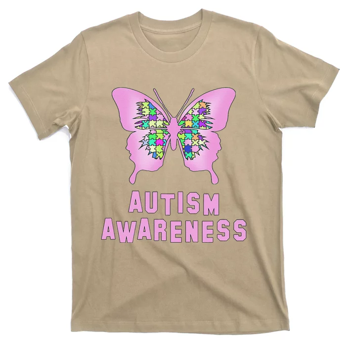 Autism Awareness Jigsaw Pink Butterfly T-Shirt