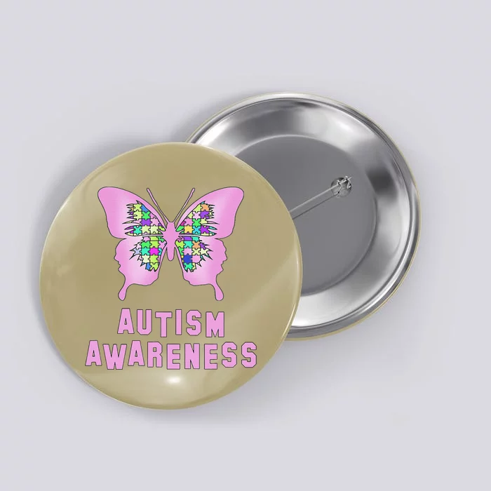 Autism Awareness Jigsaw Pink Butterfly Button