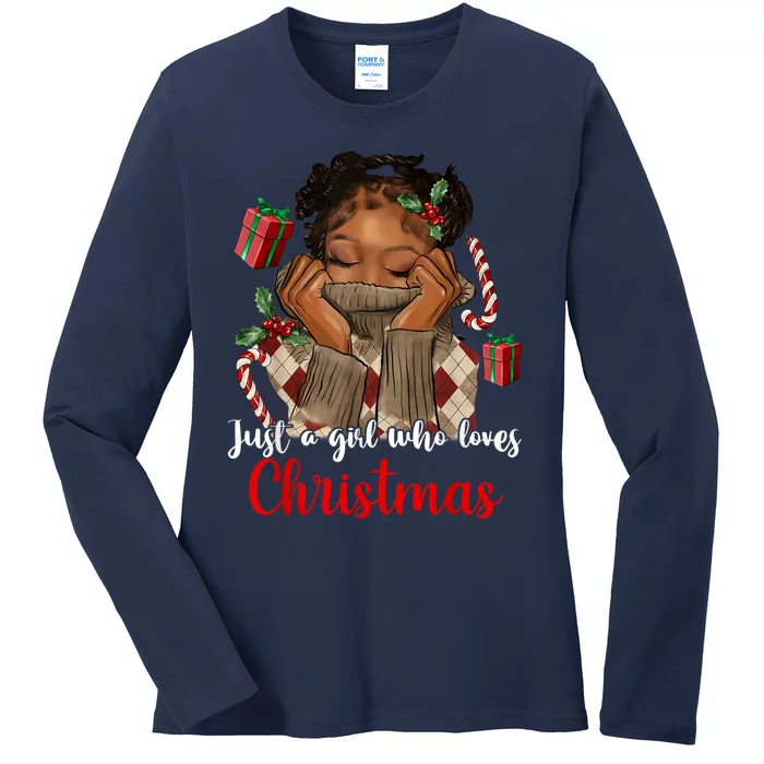 African American Just A Girl Who Loves Christmas Black Ladies Long Sleeve Shirt