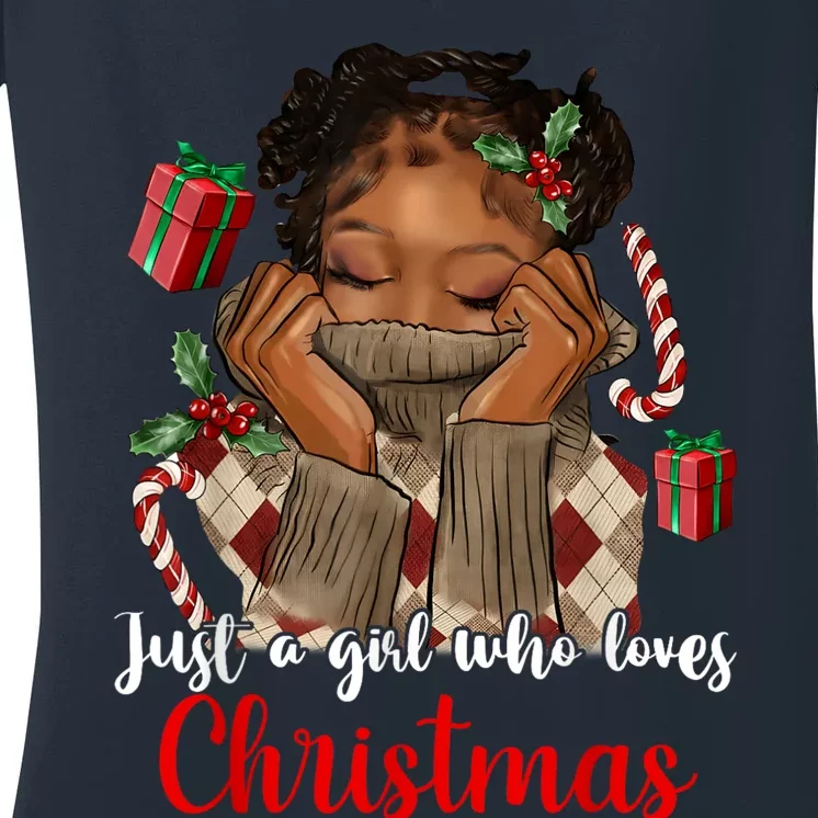 African American Just A Girl Who Loves Christmas Black Women's V-Neck T-Shirt