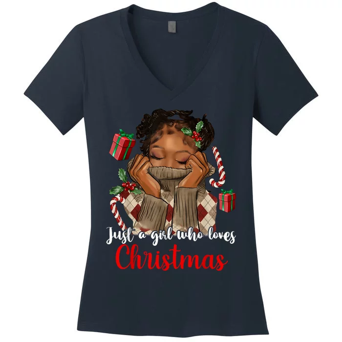 African American Just A Girl Who Loves Christmas Black Women's V-Neck T-Shirt