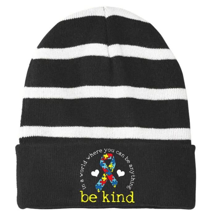 Autism Awareness Kindness Ribbon Heart Striped Beanie with Solid Band