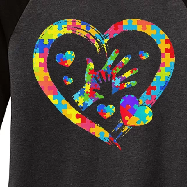 Autism Awareness Love Heart Puzzle Piece Valentines Day Women's Tri-Blend 3/4-Sleeve Raglan Shirt