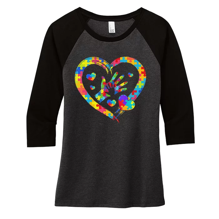 Autism Awareness Love Heart Puzzle Piece Valentines Day Women's Tri-Blend 3/4-Sleeve Raglan Shirt