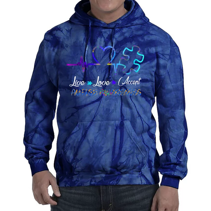 Autism Awareness Live Love Accept Puzzle Heartbeat Tie Dye Hoodie