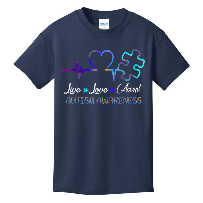 Autism Awareness Live Love Accept Puzzle Heartbeat Kids T-Shirt