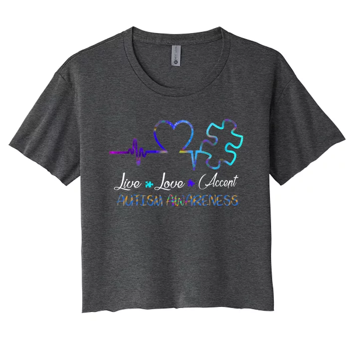 Autism Awareness Live Love Accept Puzzle Heartbeat Women's Crop Top Tee