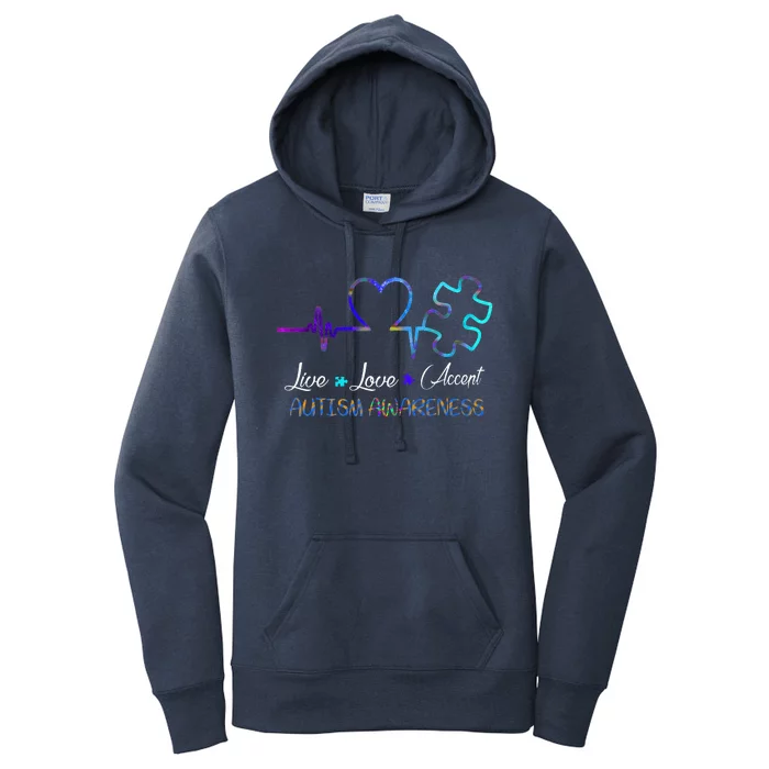 Autism Awareness Live Love Accept Puzzle Heartbeat Women's Pullover Hoodie