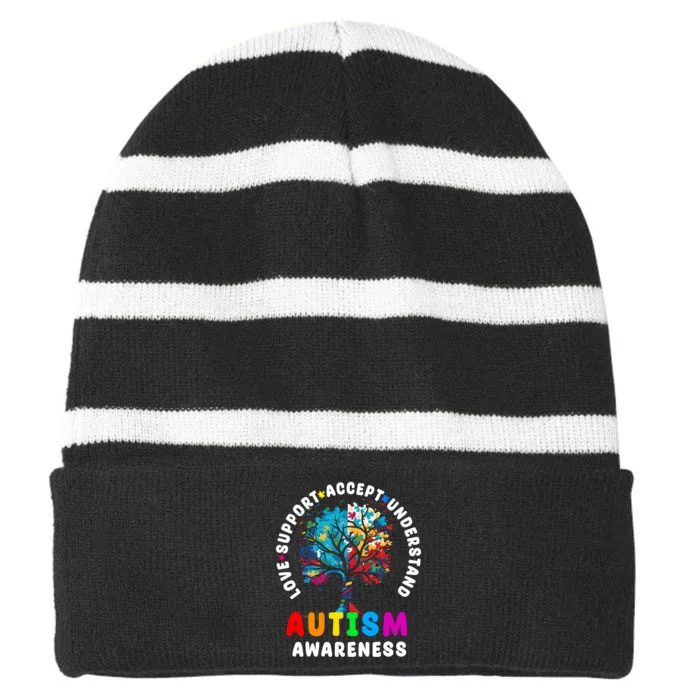 Autism Awareness Love Support Accept Understand Autism Striped Beanie with Solid Band